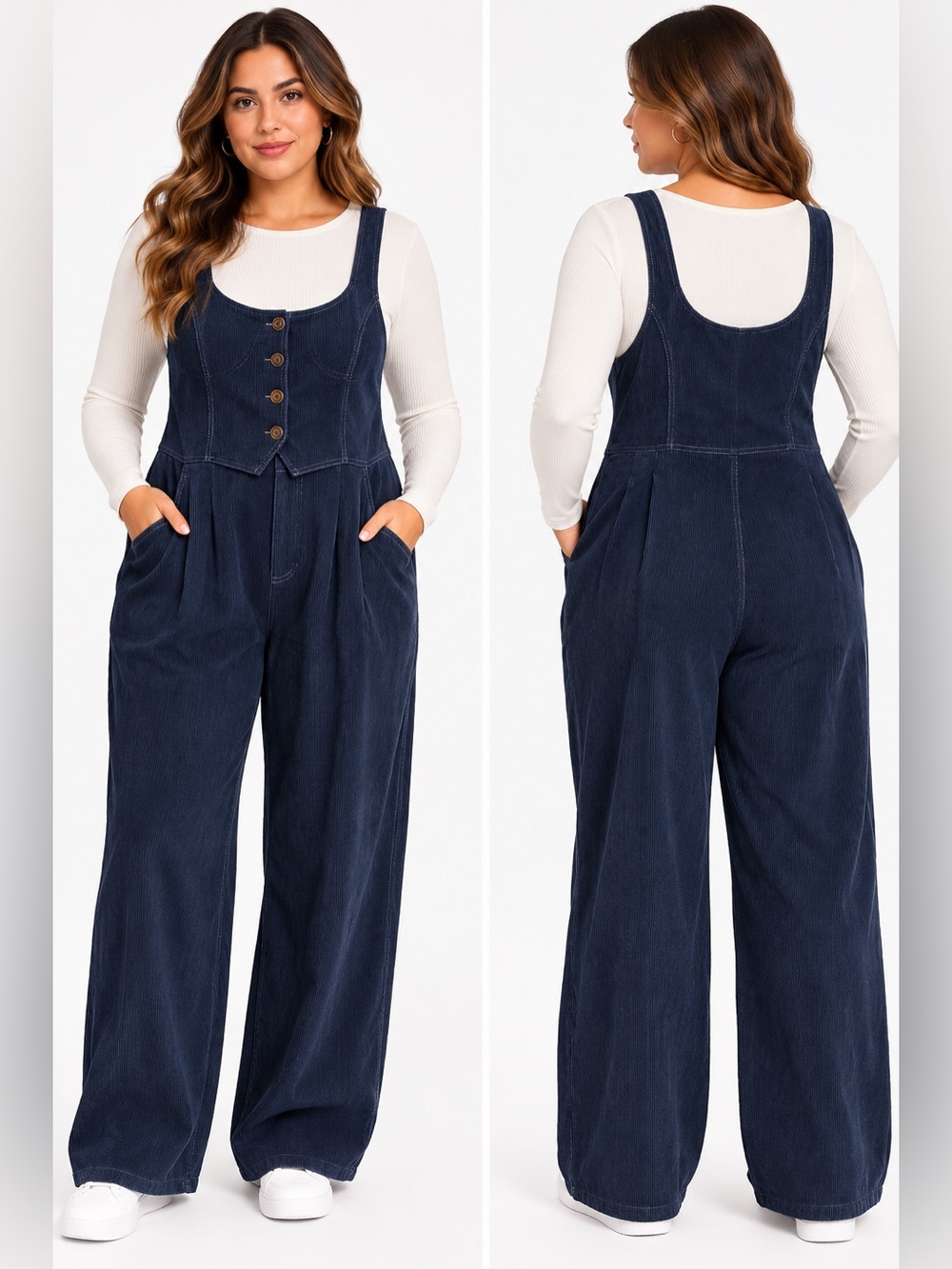 Cider corduroy Denim V-neck Button Pocket Wide Leg Jumpsuit Blue Medium